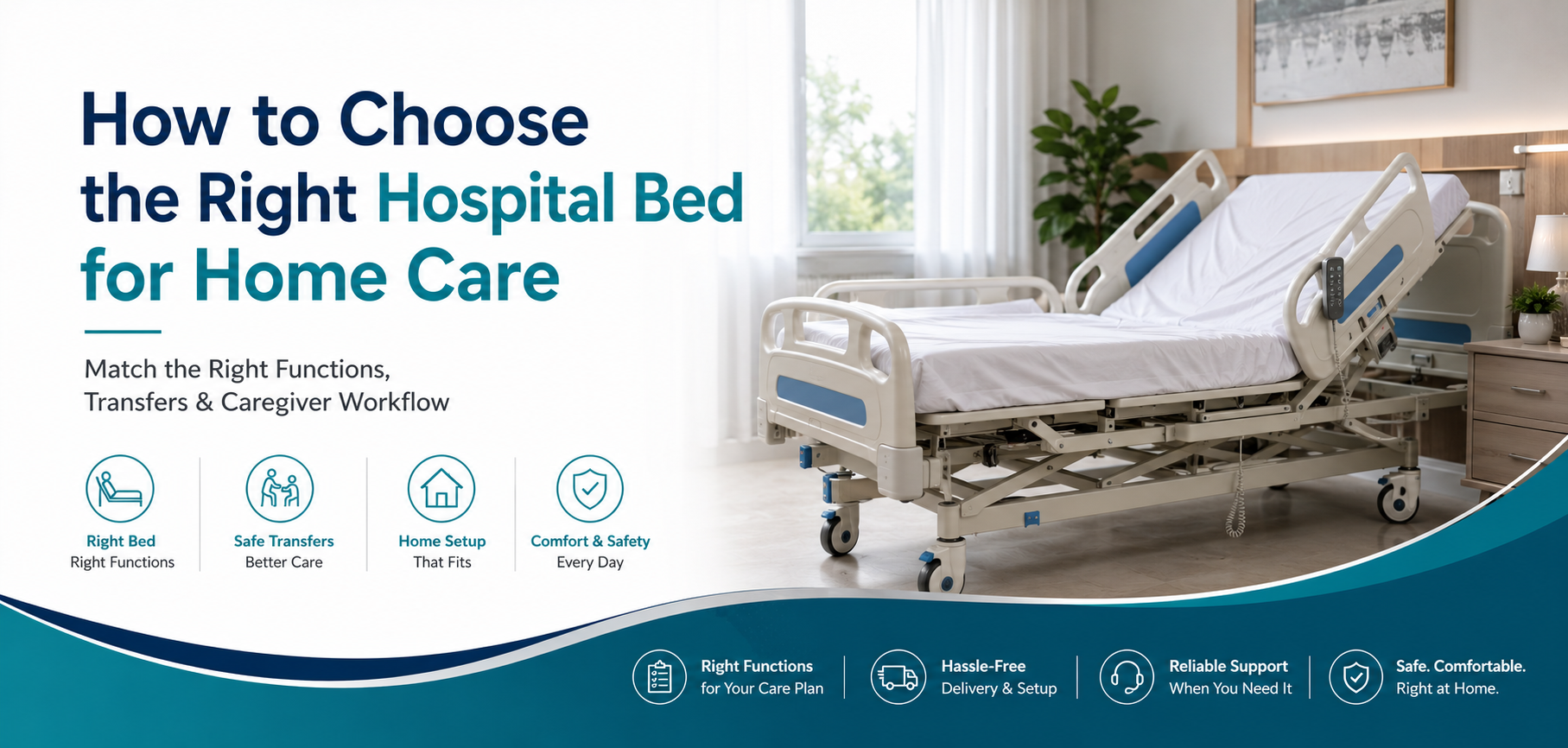 Choose a hospital bed on rent in Delhi NCR by required functions, transfers, mattress, side rails, room access, caregiver needs and rental support.