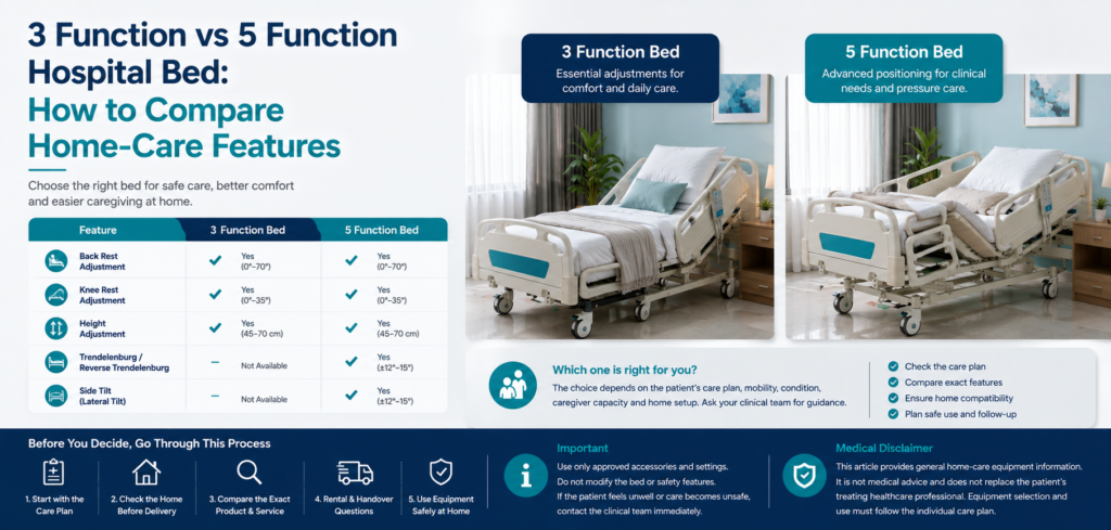 3 function vs 5 function hospital bed: practical home-care equipment and rental guidance for families in Delhi NCR.