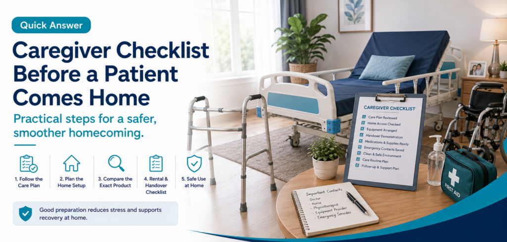 caregiver checklist before a patient comes home: practical home-care equipment and rental guidance for families in Delhi NCR.
