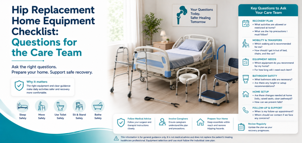 hip replacement home equipment checklist questions for: practical home-care equipment and rental guidance for families in Delhi NCR.