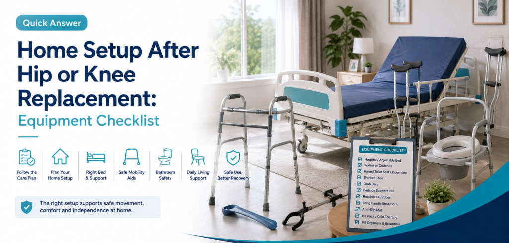 home setup after hip or knee replacement: practical home-care equipment and rental guidance for families in Delhi NCR.