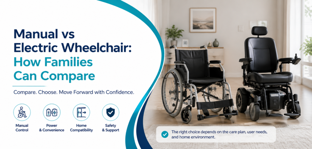 Manual vs electric wheelchair: how families can access practical home-care equipment and rental guidance for families in Delhi NCR.