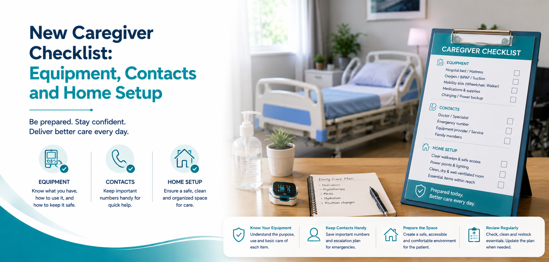 new caregiver checklist equipment contacts and home: practical home-care equipment and rental guidance for families in Delhi NCR.