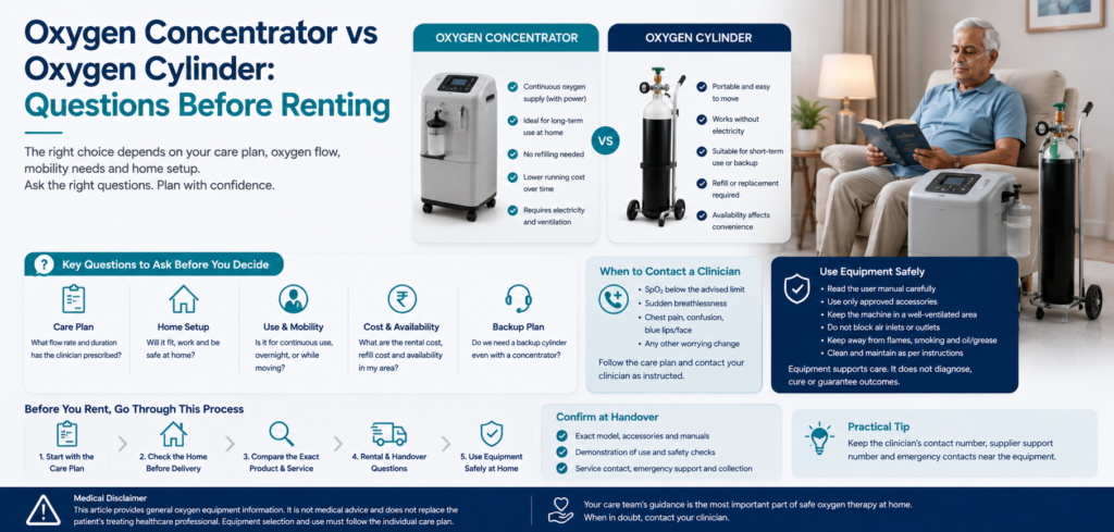 oxygen concentrator vs oxygen cylinder questions before: practical home-care equipment and rental guidance for families in Delhi NCR.
