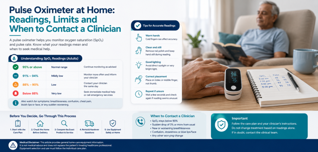 pulse oximeter at home readings limits and: practical home-care equipment and rental guidance for families in Delhi NCR.