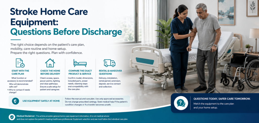 stroke home care equipment questions before discharge: practical home-care equipment and rental guidance for families in Delhi NCR.