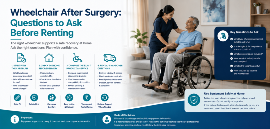 wheelchair after surgery questions to ask before: practical home-care equipment and rental guidance for families in Delhi NCR.