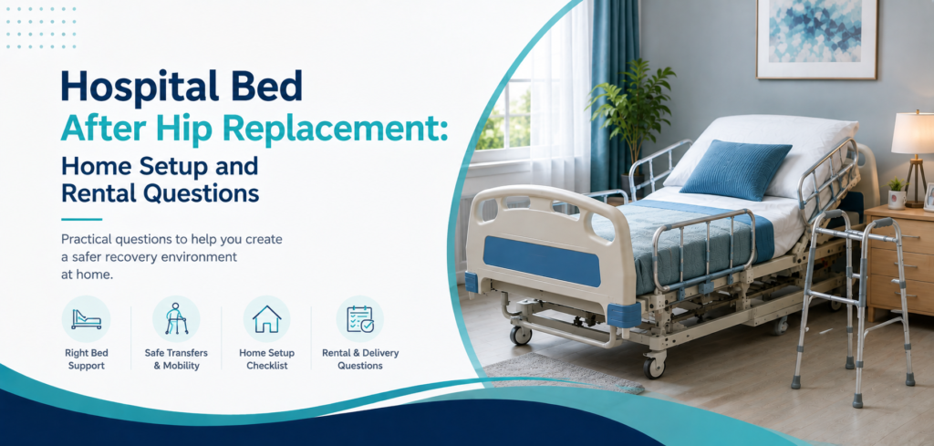 hospital bed after hip replacement home setup: practical home-care equipment and rental guidance for families in Delhi NCR.