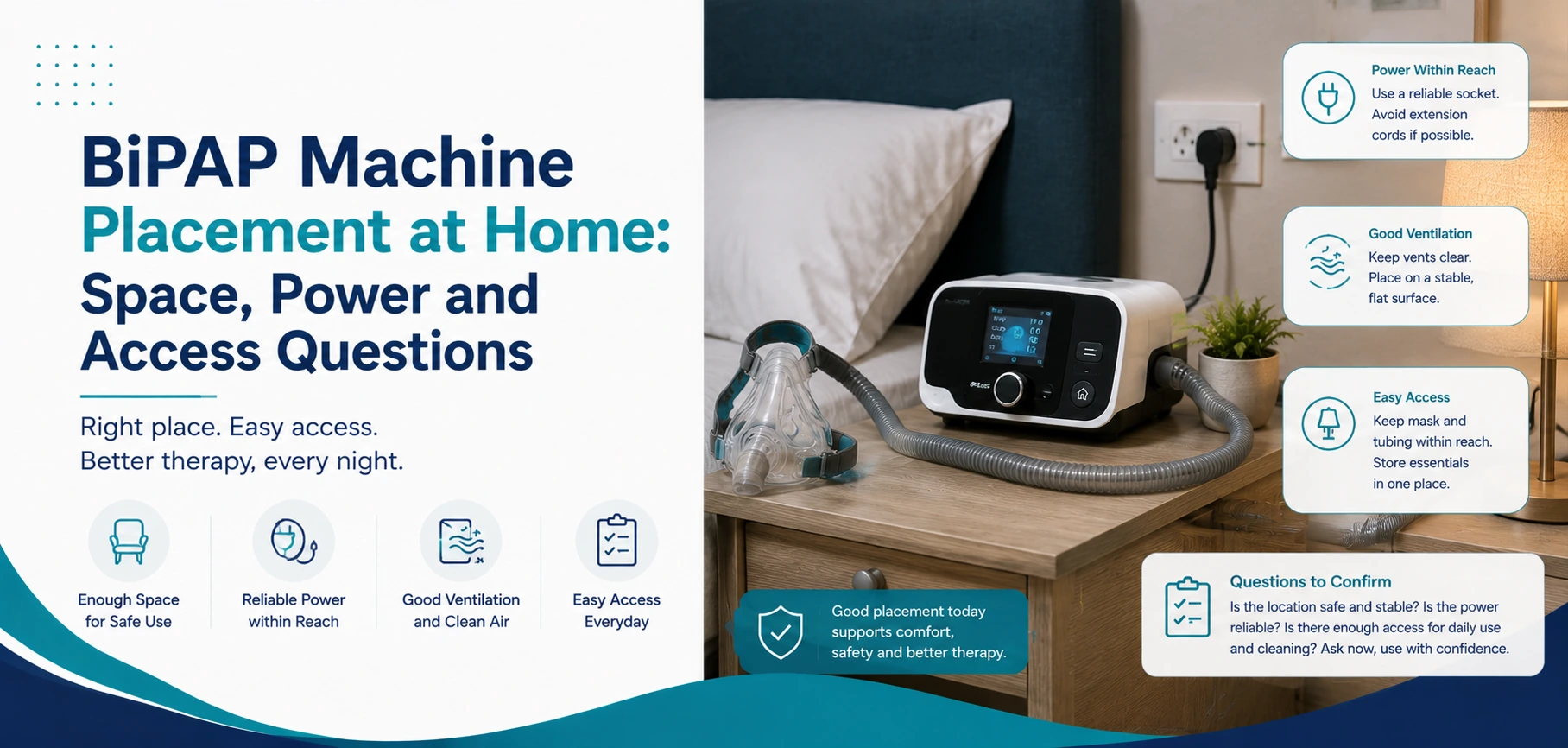 A clear family guide to bipap machine placement at home, with practical handover questions and equipment information only.