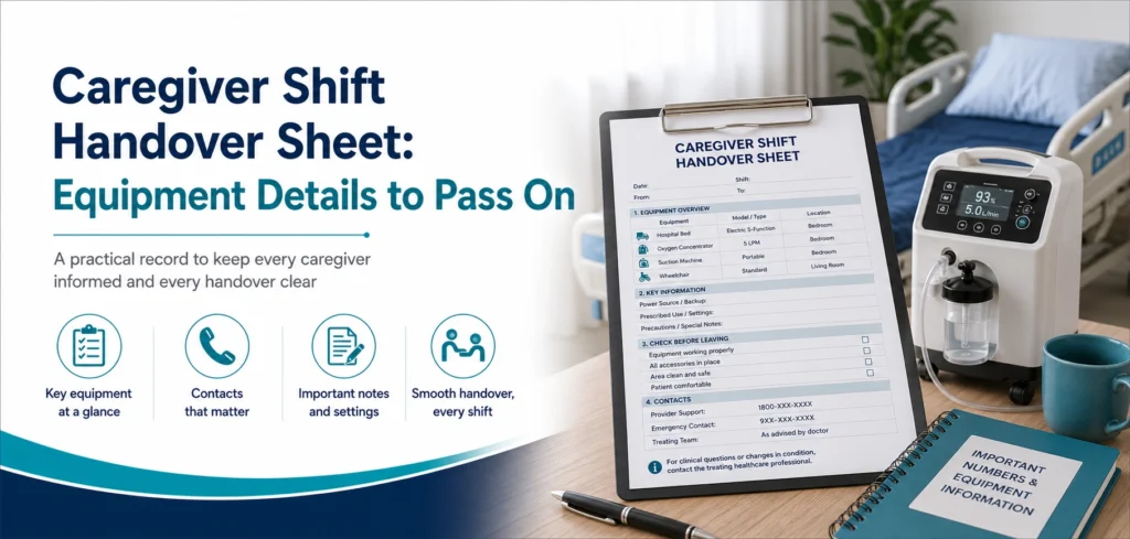 A clear family guide to caregiver shift handover sheet, with practical handover questions and equipment information only.