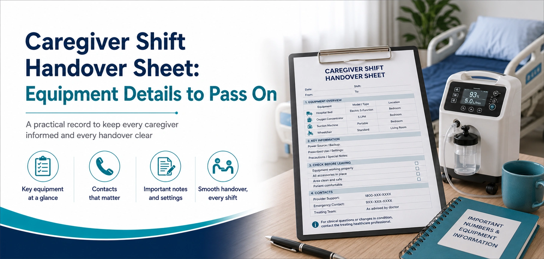 A clear family guide to caregiver shift handover sheet, with practical handover questions and equipment information only.