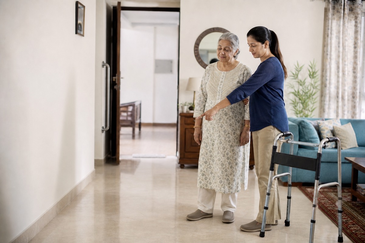 Older Indian adult and caregiver reviewing a clear walking path and walker placement for fall prevention at home