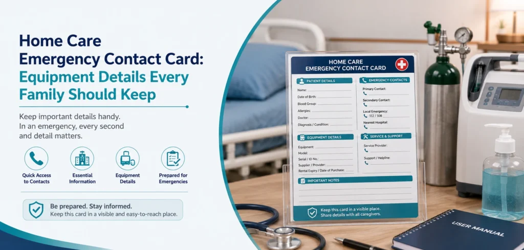 home care emergency contact card equipment details: practical home-care equipment and rental guidance for families in Delhi NCR.