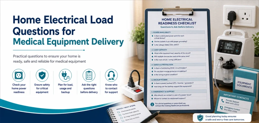 A clear guide to home electrical load questions for medical equipment delivery, with practical handover questions and equipment-only information.