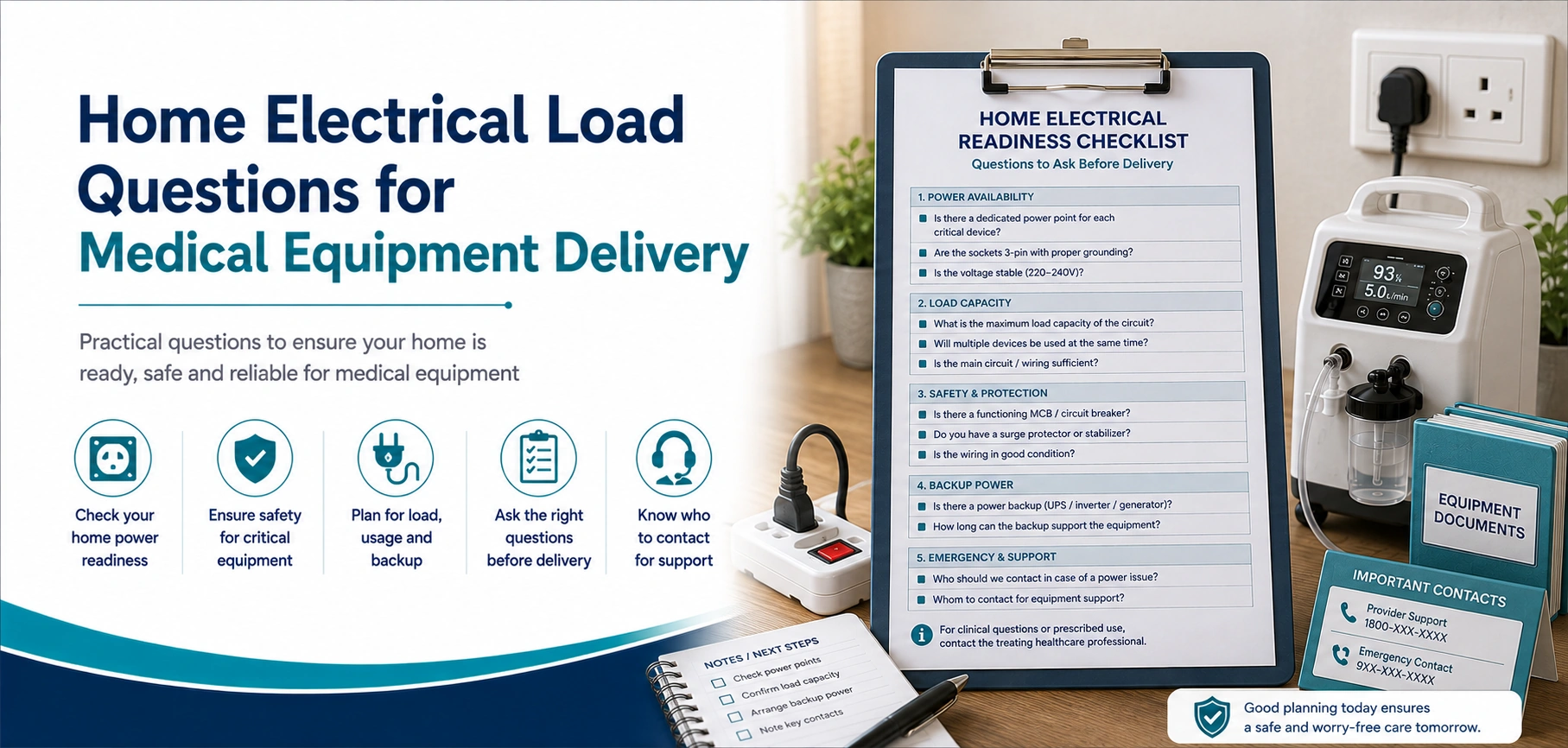 A clear guide to home electrical load questions for medical equipment delivery, with practical handover questions and equipment-only information.