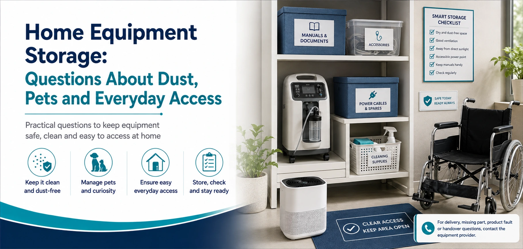A clear family guide to home equipment storage, with practical handover questions and equipment information only.