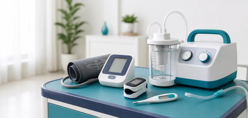 Digital blood pressure monitor, fingertip pulse oximeter, thermometer and clean single-jar suction machine on a home-care table