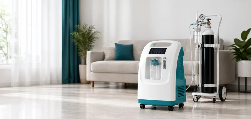 Stationary oxygen concentrator and secured medical oxygen cylinder arranged safely in a bright Indian home