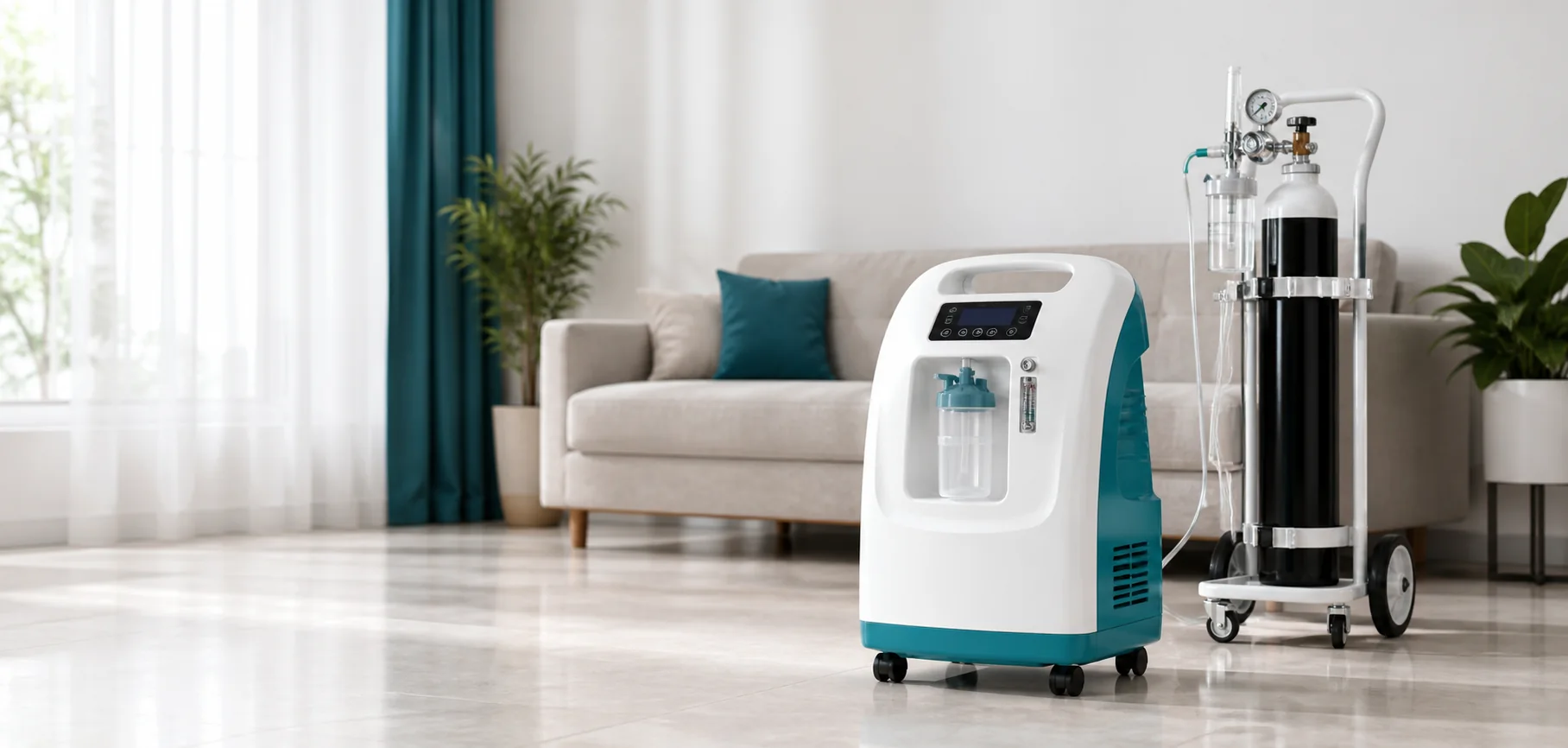 Stationary oxygen concentrator and secured medical oxygen cylinder arranged safely in a bright Indian home
