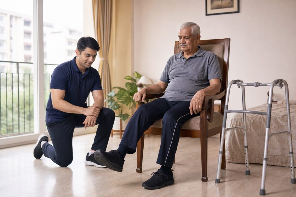 Indian physiotherapist supervising an older adult performing a gentle seated ankle exercise at home after knee or hip surgery