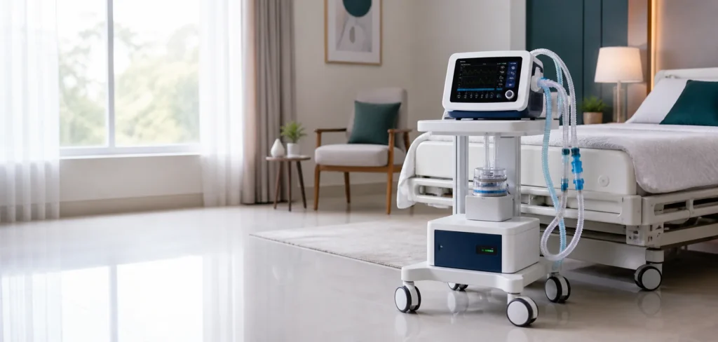 Compact home ventilator with organized breathing circuit and backup power unit on a trolley beside an adjustable bed