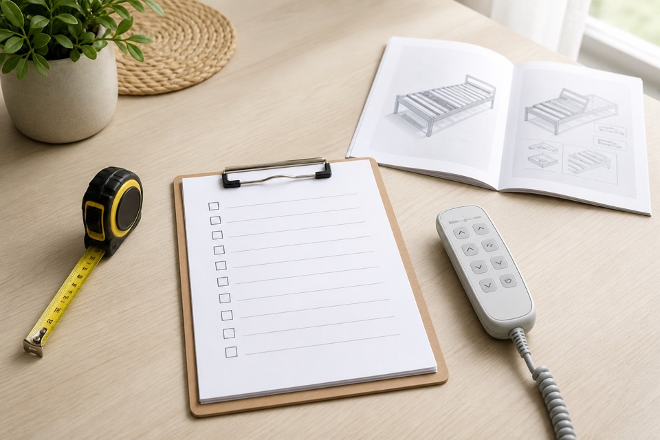 Checklist, measuring tape and generic bed remote for hospital-bed delivery and handover guidance.