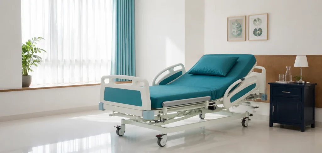 Modern electric hospital bed installed in a bright Indian home bedroom with clear access and teal bedding