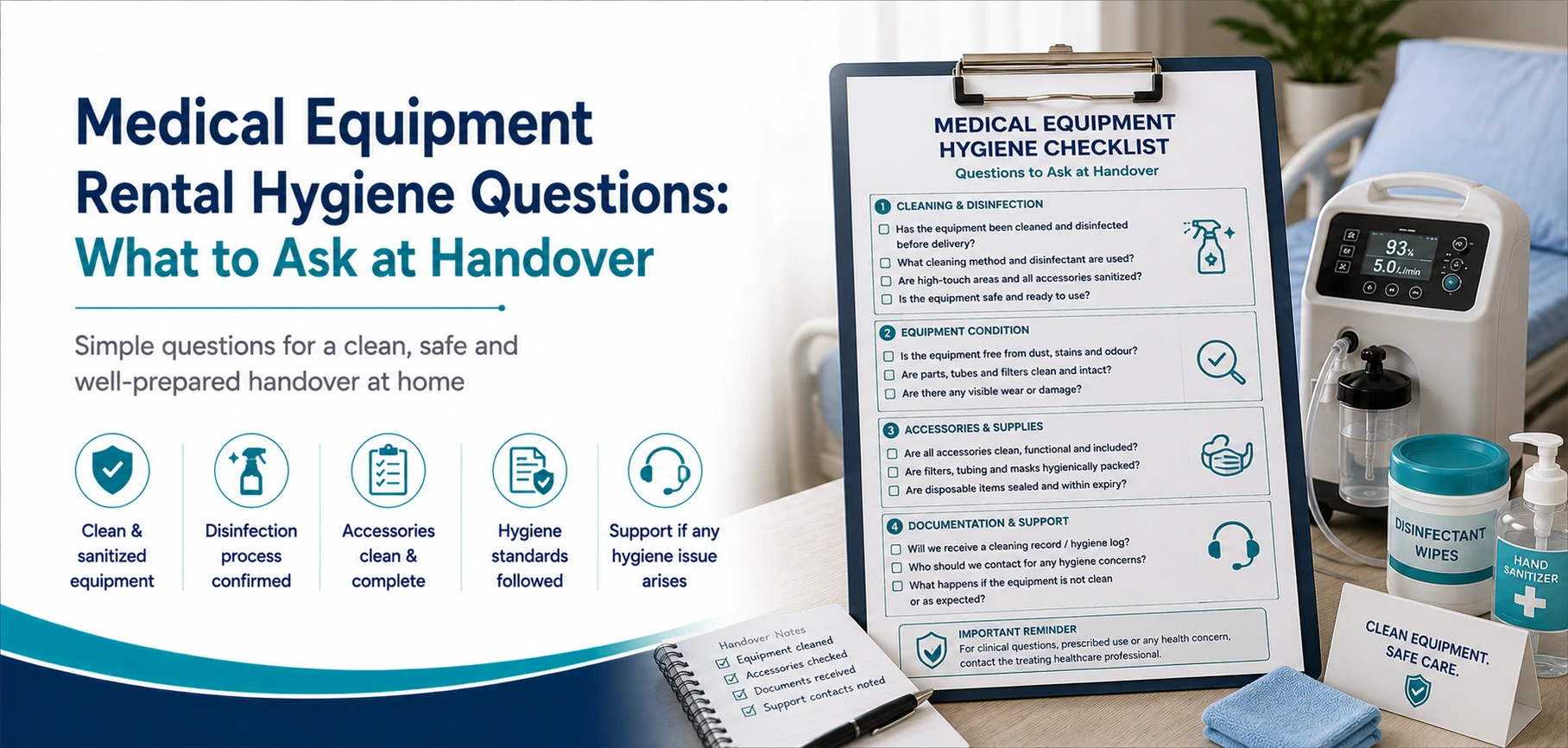 A clear family guide to medical equipment rental hygiene questions, with practical handover questions and equipment information only.