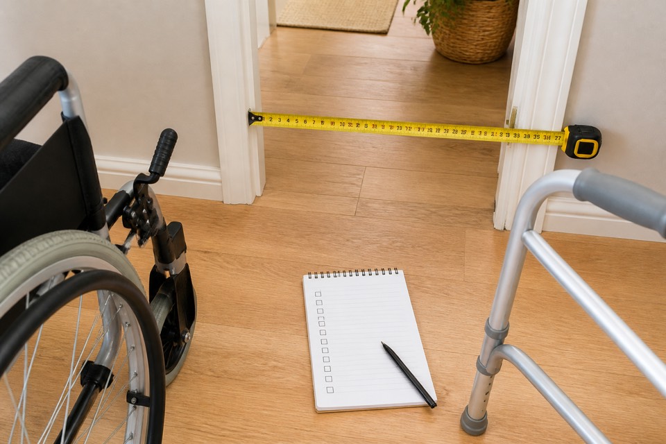 Wheelchair and walking-frame details with a doorway measurement tape for home-access guidance.