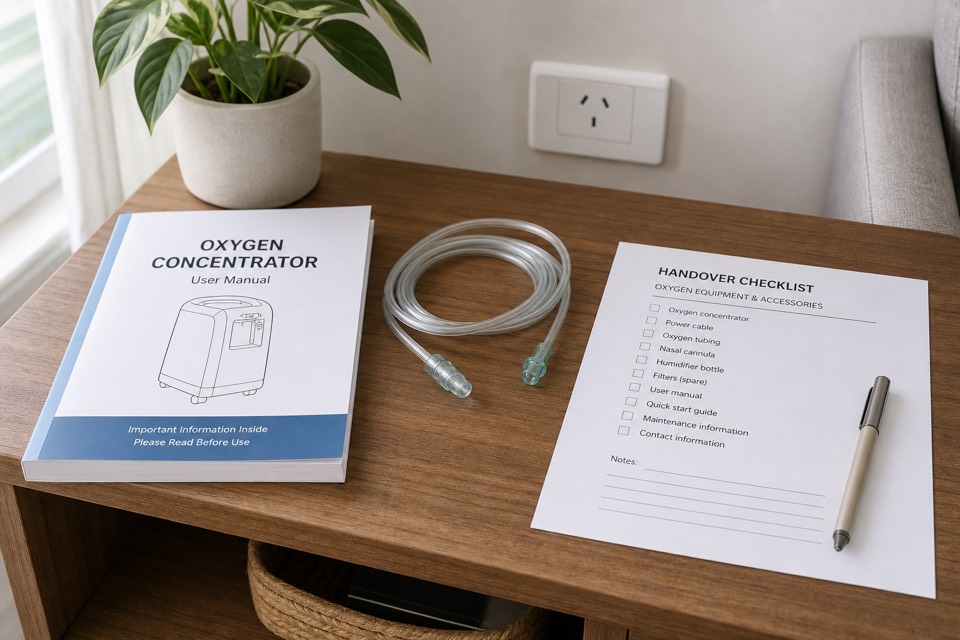 Generic oxygen-equipment manual, tubing and checklist for equipment-handover guidance.