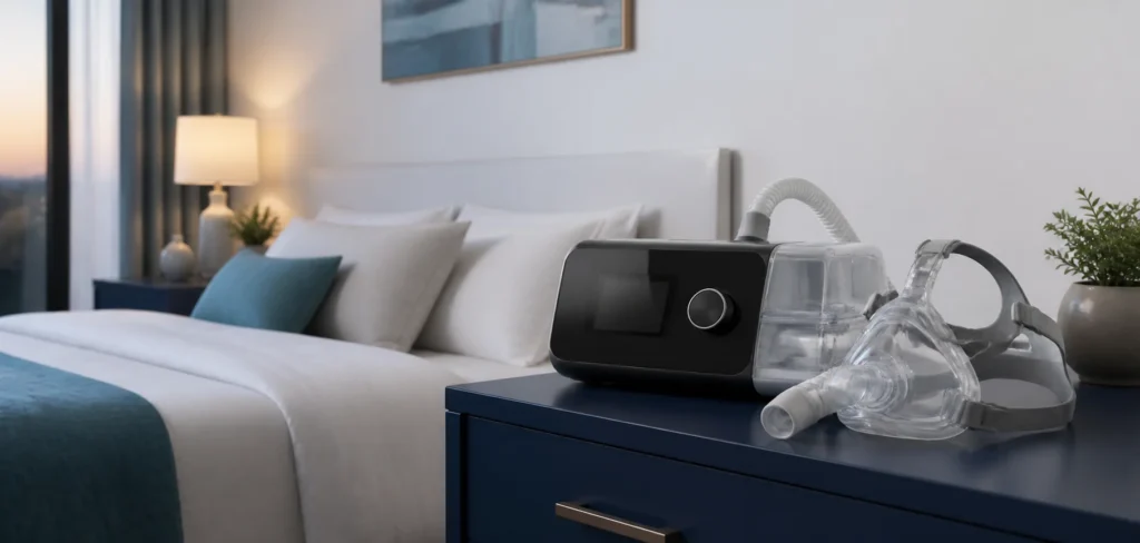 Modern PAP machine with humidifier, clean tubing and full-face mask arranged on a navy bedside table in a calm bedroom