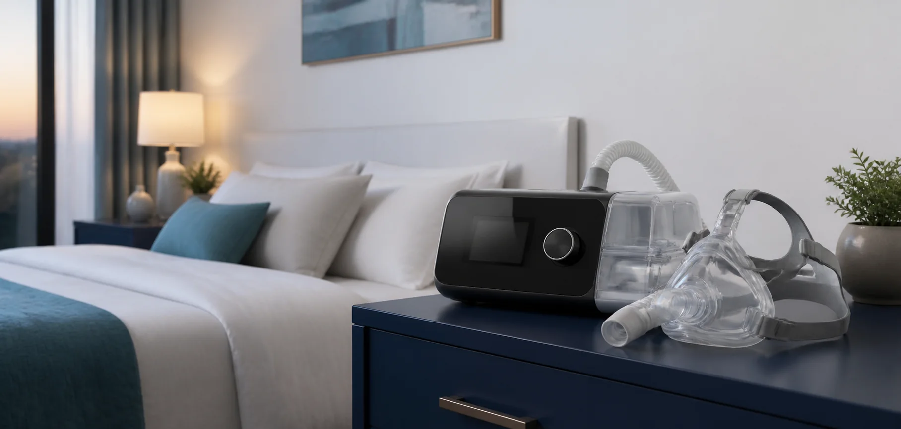Modern PAP machine with humidifier, clean tubing and full-face mask arranged on a navy bedside table in a calm bedroom