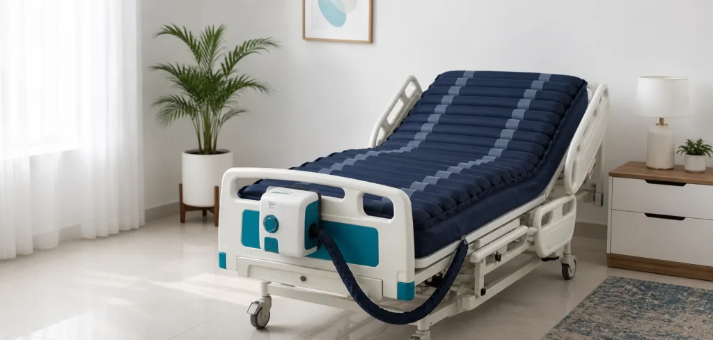 Alternating-pressure air mattress fitted on an adjustable medical bed with pump and neatly routed hose