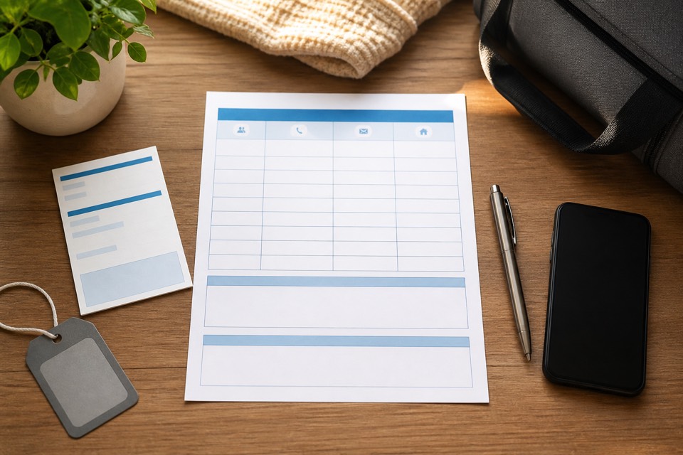 Family contact sheet and equipment handover paperwork for practical rental planning.