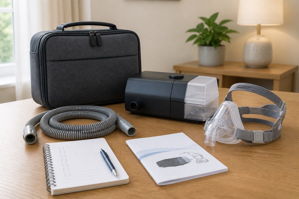 Generic respiratory equipment case, tubing and checklist for CPAP and BiPAP handover guidance.