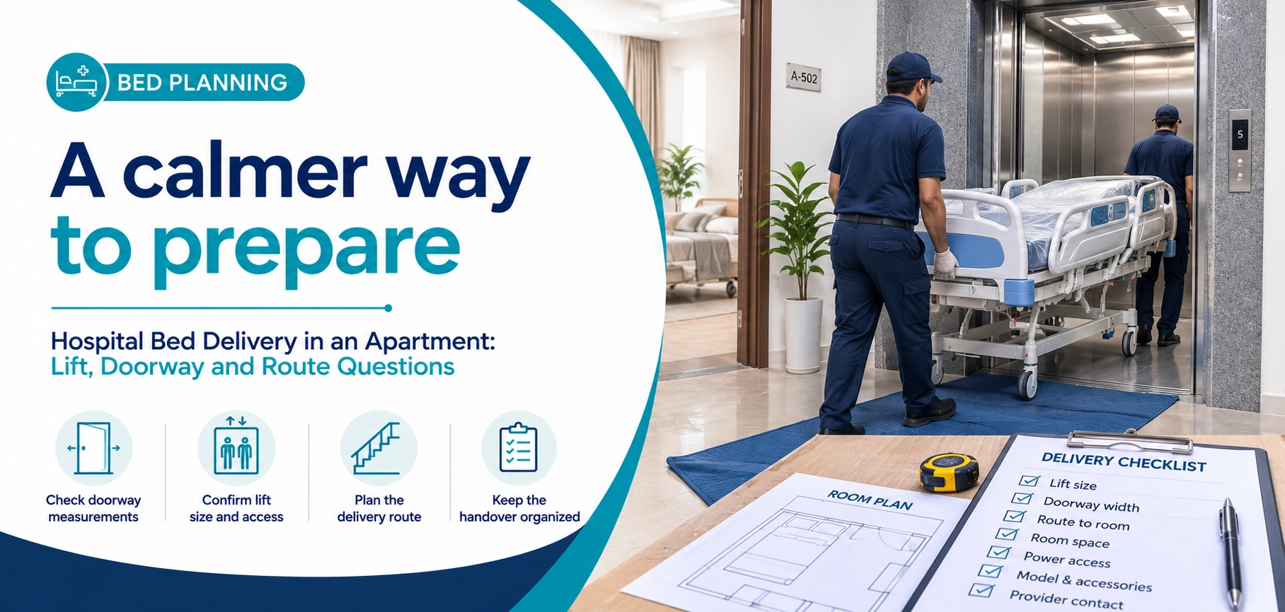 A clear family guide to hospital bed delivery in an apartment, with practical handover questions and equipment information only.