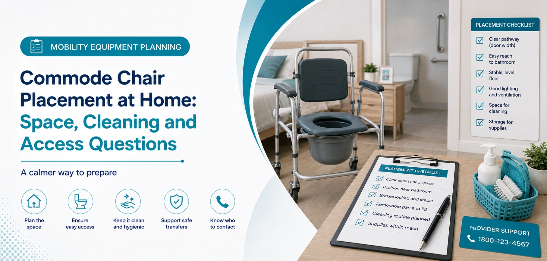 A clear family guide to commode chair placement at home, with practical handover questions and equipment information only.