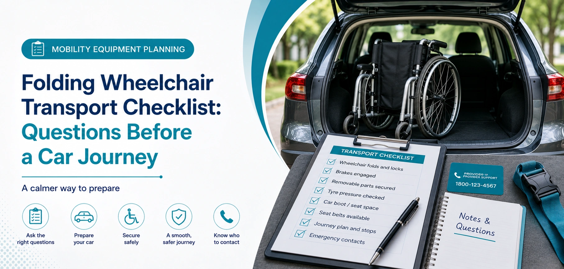 A clear family guide to folding wheelchair transport checklist, with practical handover questions and equipment information only.