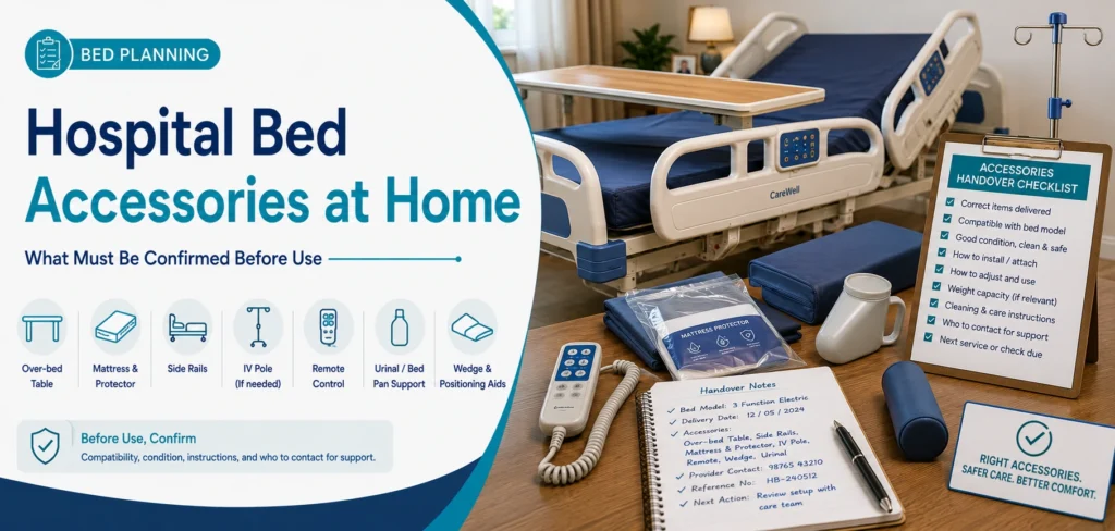A clear family guide to hospital bed accessories at home, with practical handover questions and equipment information only.