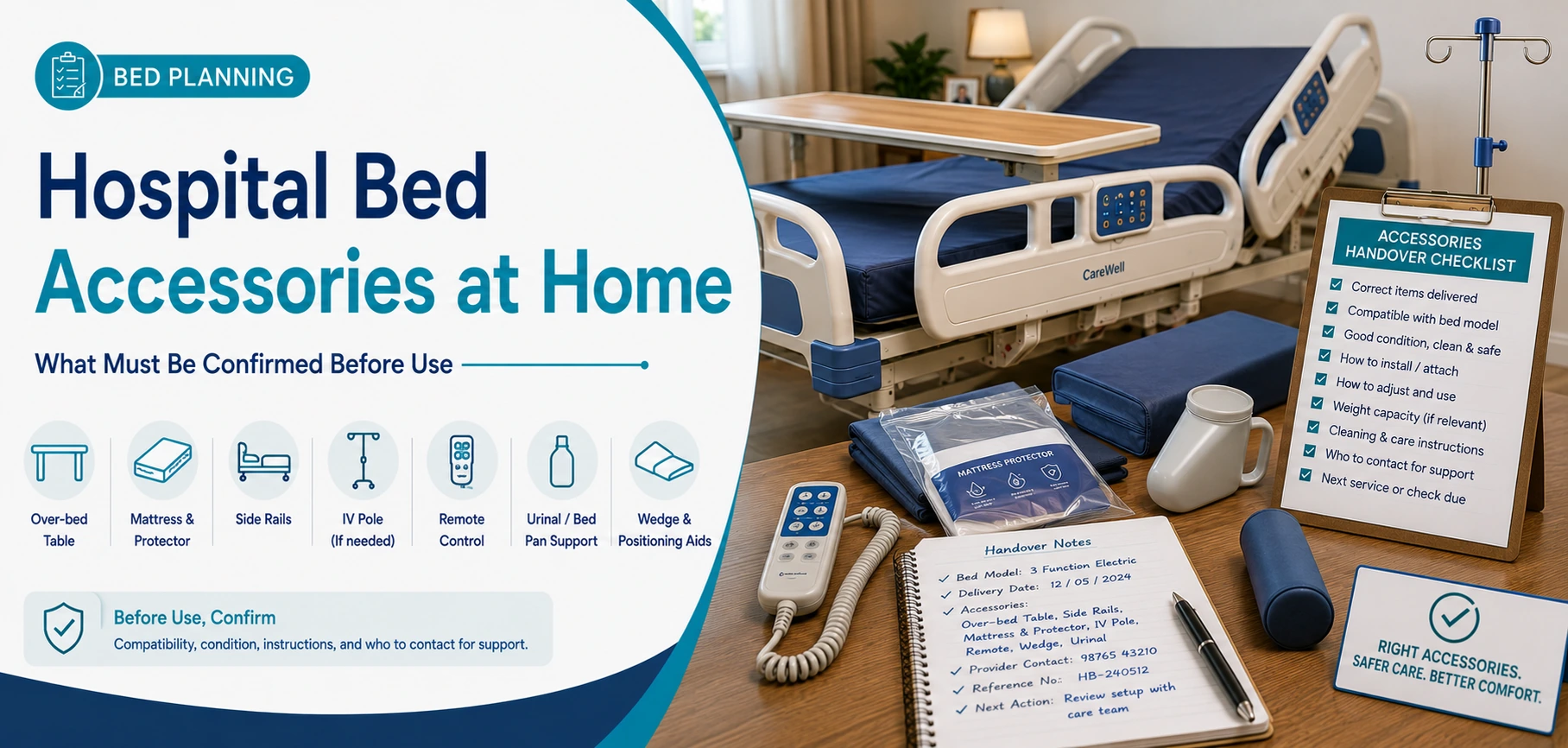 A clear family guide to hospital bed accessories at home, with practical handover questions and equipment information only.