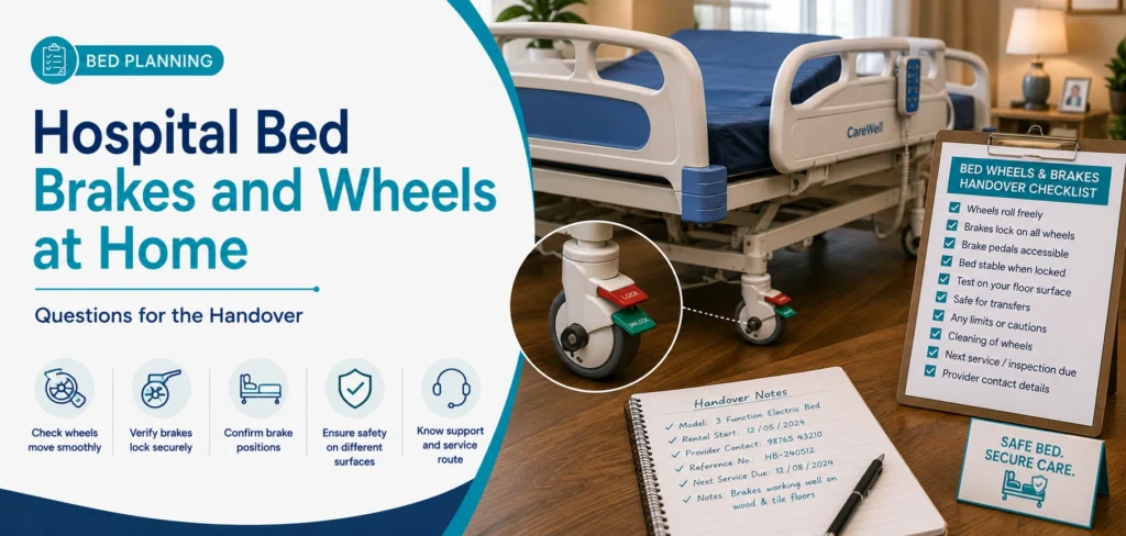 A clear family guide to hospital bed brakes and wheels at home, with practical handover questions and equipment information only.