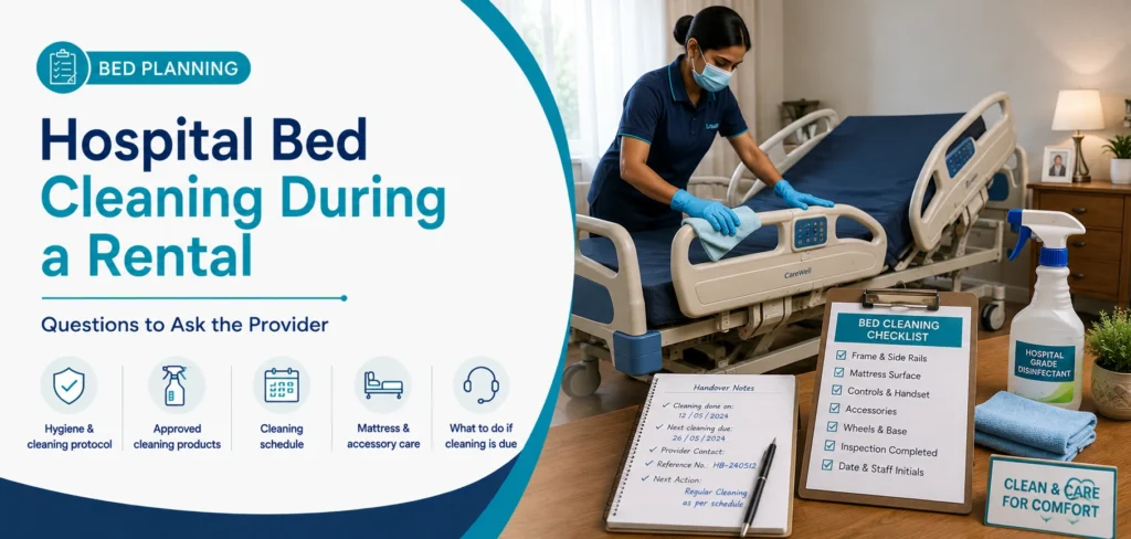 A clear family guide to hospital bed cleaning during a rental, with practical handover questions and equipment information only.