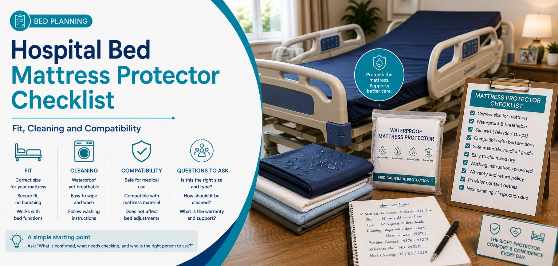 A clear family guide to hospital bed mattress protector checklist, with practical handover questions and equipment information only.