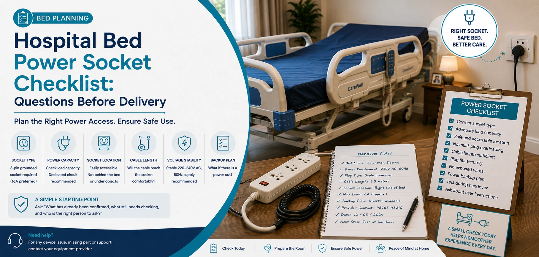 A clear family guide to hospital bed power socket checklist, with practical handover questions and equipment information only.