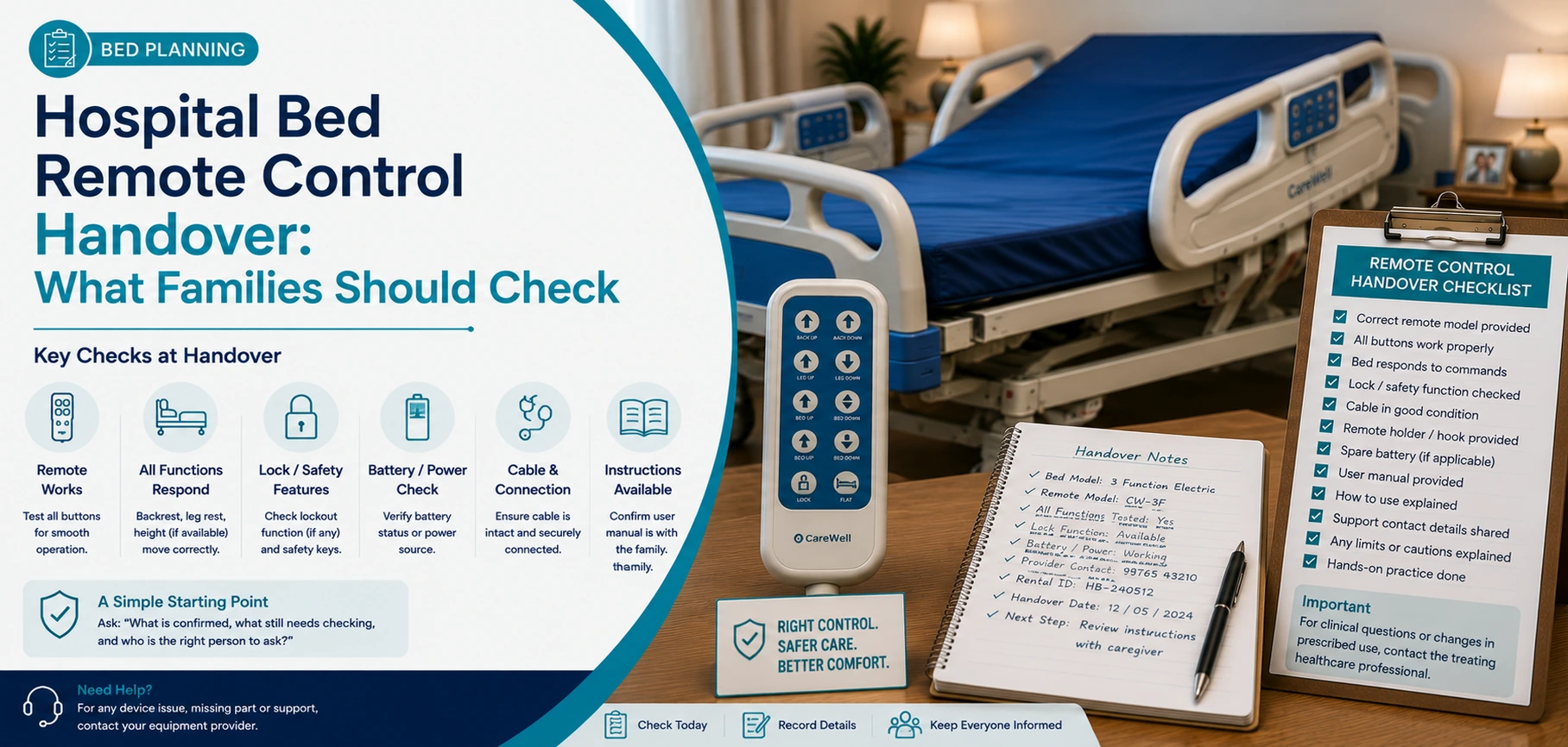 A clear family guide to hospital bed remote control handover, with practical handover questions and equipment information only.