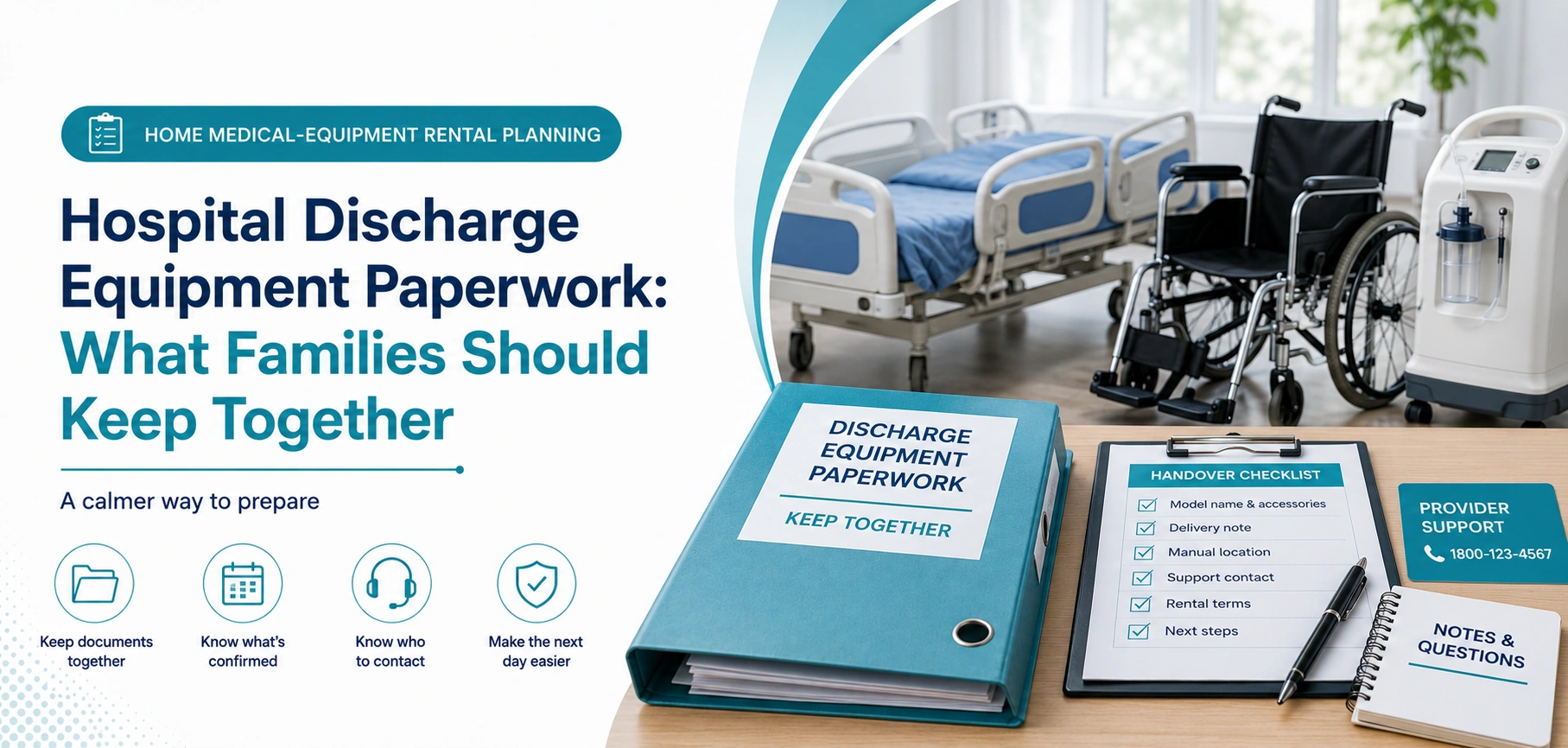 A clear family guide to hospital discharge equipment paperwork, with practical handover questions and equipment information only.