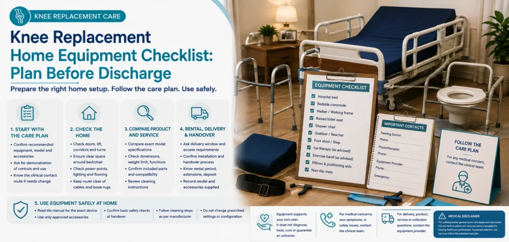 Use this knee replacement home equipment checklist to plan hospital beds, walkers, toilet aids and other equipment before discharge.