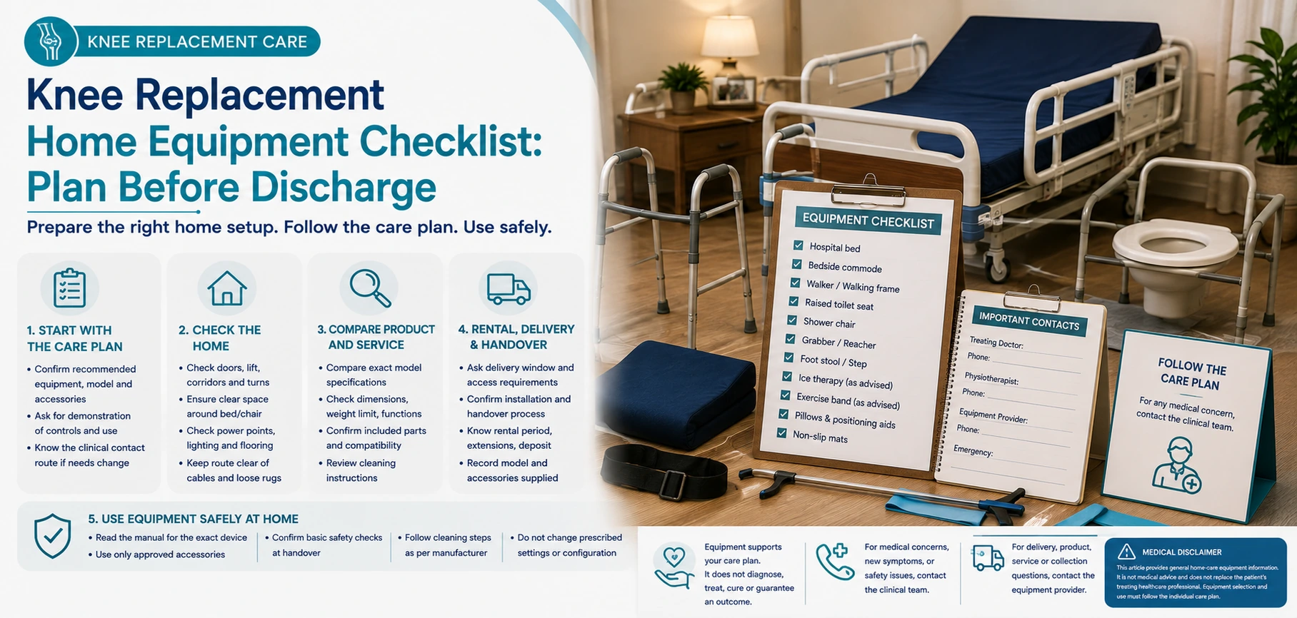 Use this knee replacement home equipment checklist to plan hospital beds, walkers, toilet aids and other equipment before discharge.