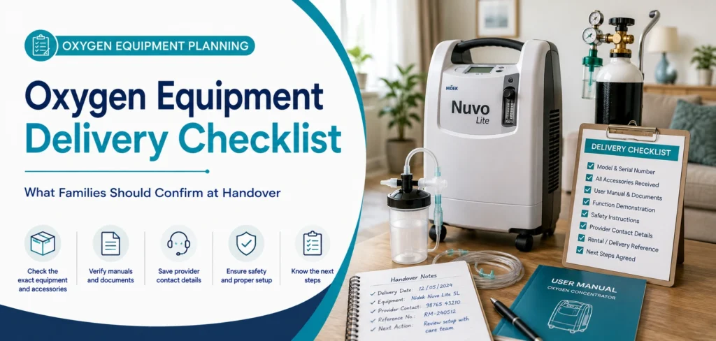 A clear family guide to oxygen equipment delivery checklist, with practical handover questions and equipment information only.