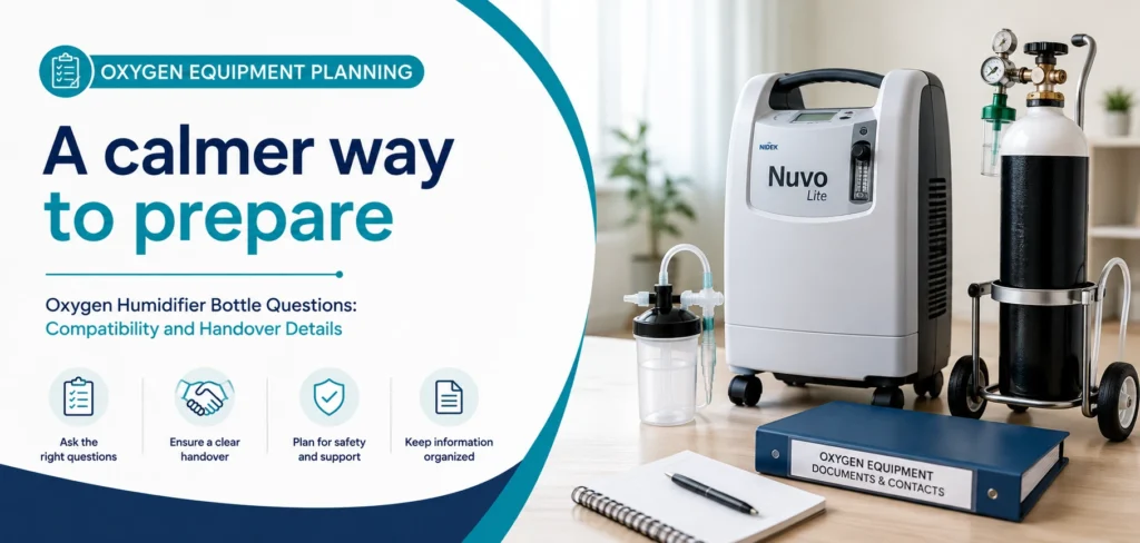 A clear family guide to oxygen humidifier bottle questions, with practical handover questions and equipment information only.